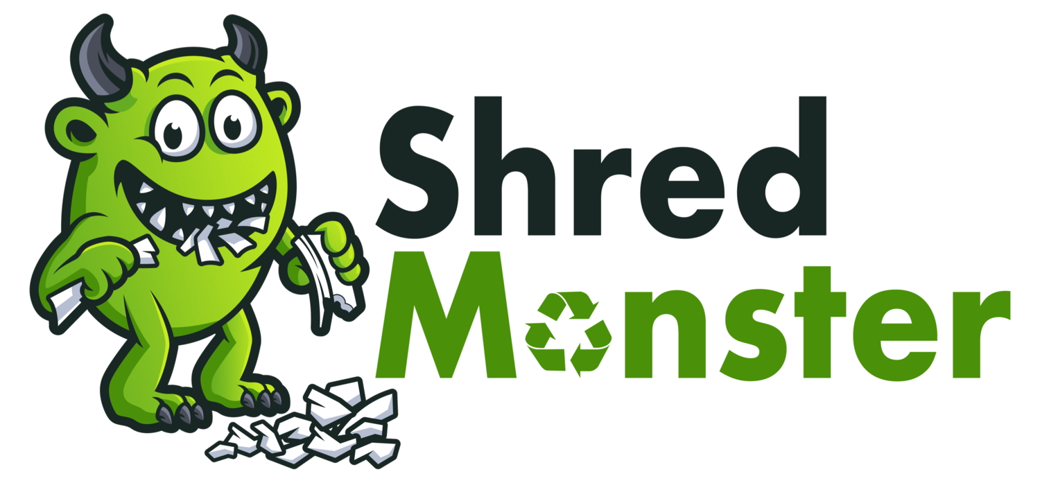 Green monster shredding paper; "Shred Monster" logo.