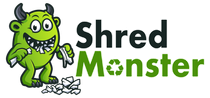 Green monster shredding paper; "Shred Monster" logo.