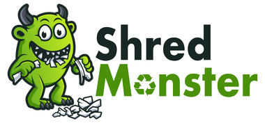 Green monster shredding paper; "Shred Monster" logo.