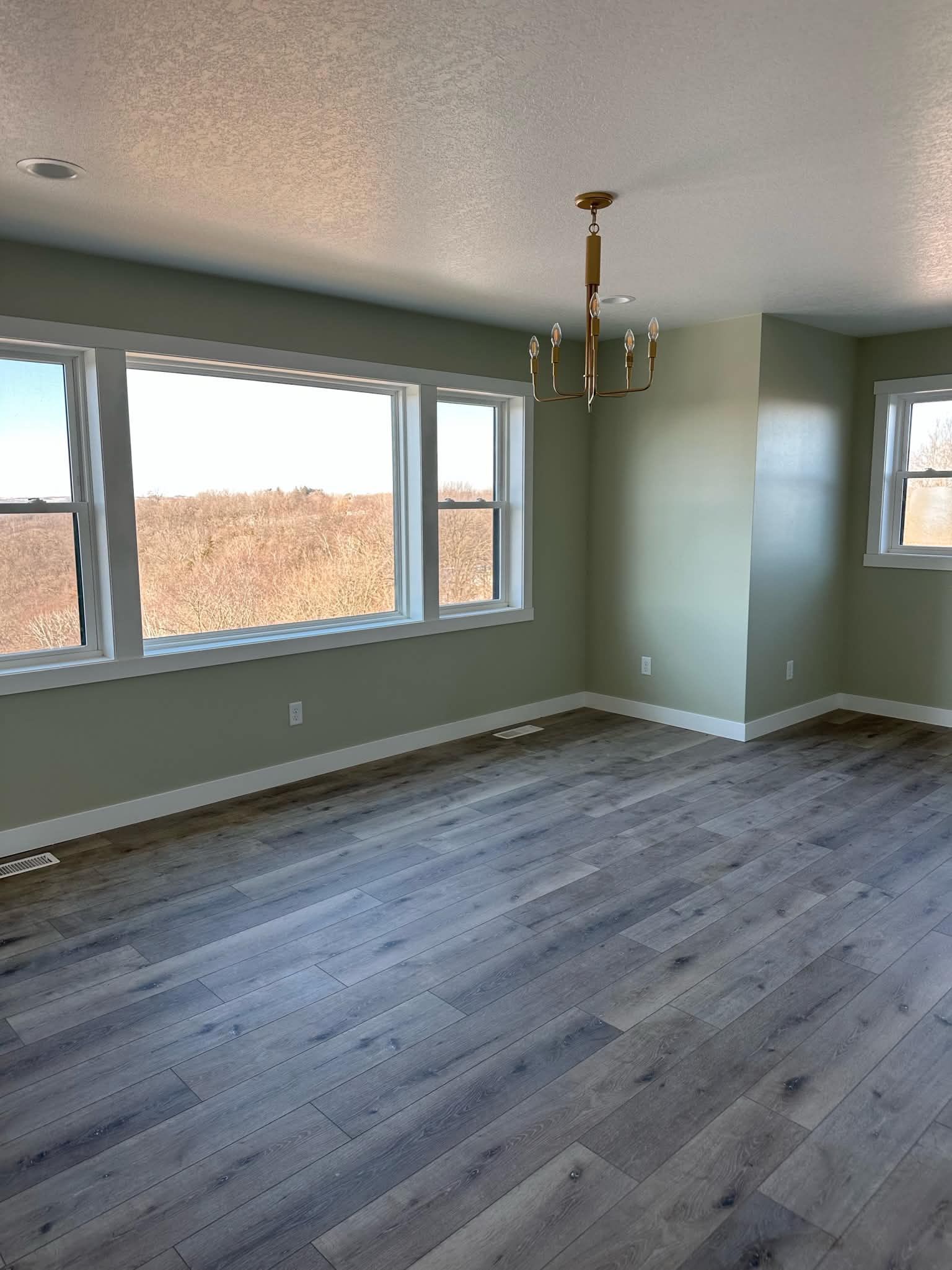 Empty room with large windows, gray wood floor, sage green walls, and a brass ceiling light.