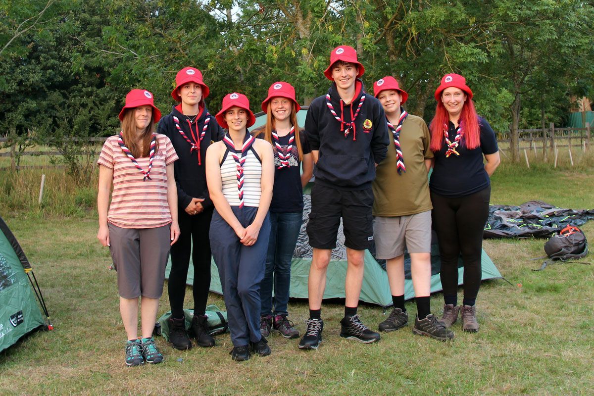 Wragby Explorer Scouts Red Barrows team set off on Race Across Europe. The Amazing Red Barrows team from Wragby Explorer Scouts, wearing red hats and neckers, ready to begin their Race Across Europe adventure.