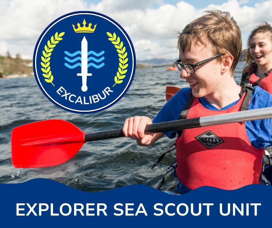 Young people kayaking on open water in red life jackets, smiling and enjoying the activity, alongside the Excalibur Explorer Sea Scout Unit logo featuring a sword, crown, and waves.