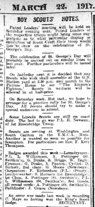 Earliest report of a St. George's Day Parade. From The Lincolnshire Echo. March 22nd 1917