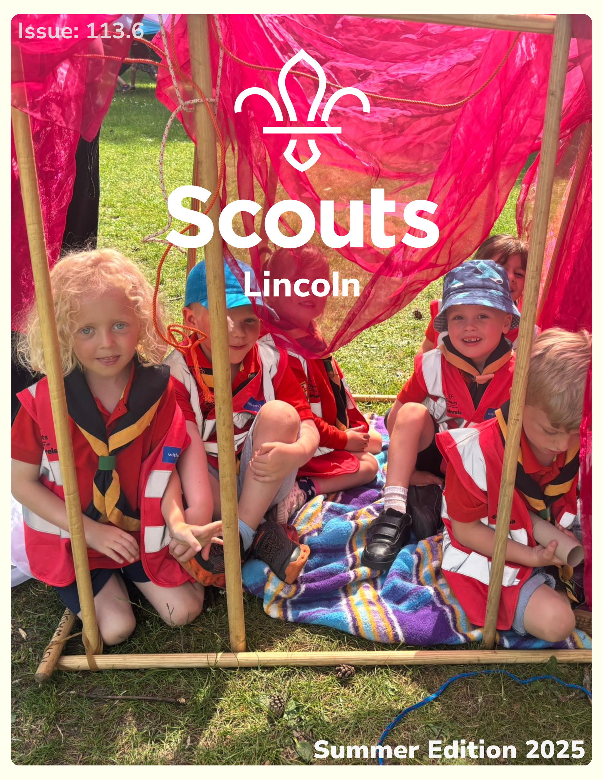 Front cover of Lincoln scouts magazine, summer edition 2025. Image of squirrel scouts under a den then have made.