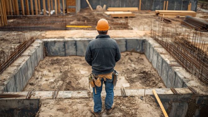 Worker in orange hard hat stands in a foundation pit at a construction site.