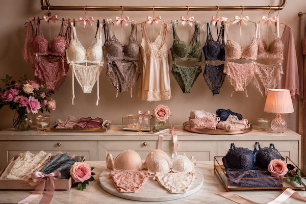 Pastel lingerie display on shelves and hanging rack with flowers and warm lamp light