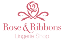 Rose & Ribbons lingerie shop logo with pink rose and ribbon design