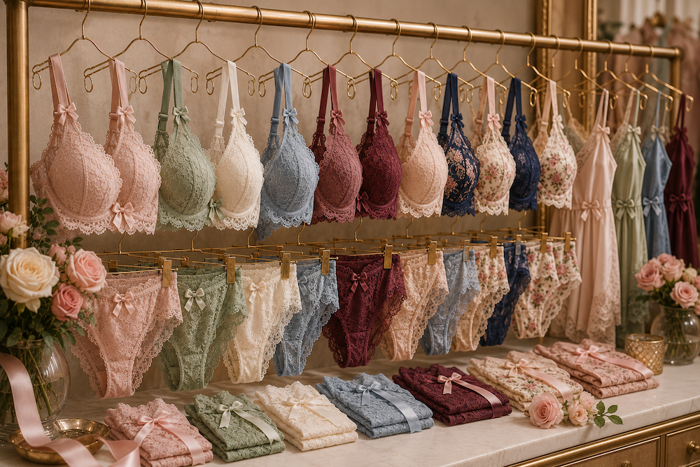 Boutique storefront with pink lingerie, roses, and the sign “Rose & Ribbons”