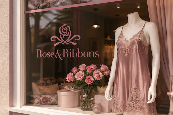 Boutique window display with pink lingerie, roses, and “Rose & Ribbons” sign