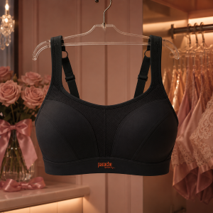 White sports bra on a clothing rack in a softly lit store display