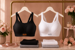 Black and white sports bras displayed on hangers with folded matching garments and flowers in the background