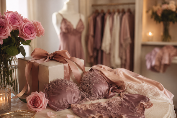 Boutique storefront with pink lingerie, roses, and the sign “Rose & Ribbons”