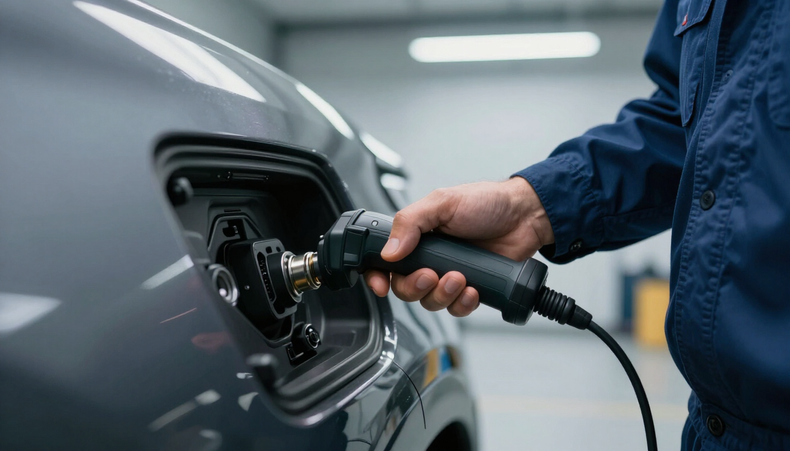 Técnico conectando escáner de diagnóstico OBD al puerto ECU de un vehículo