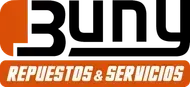 Logotipo con texto estilizado en negro y naranja que dice “Buny Repuestos & Servicios” sobre un fondo blanco.
