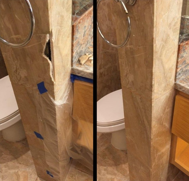 A before and after photo of a bathroom with a toilet
