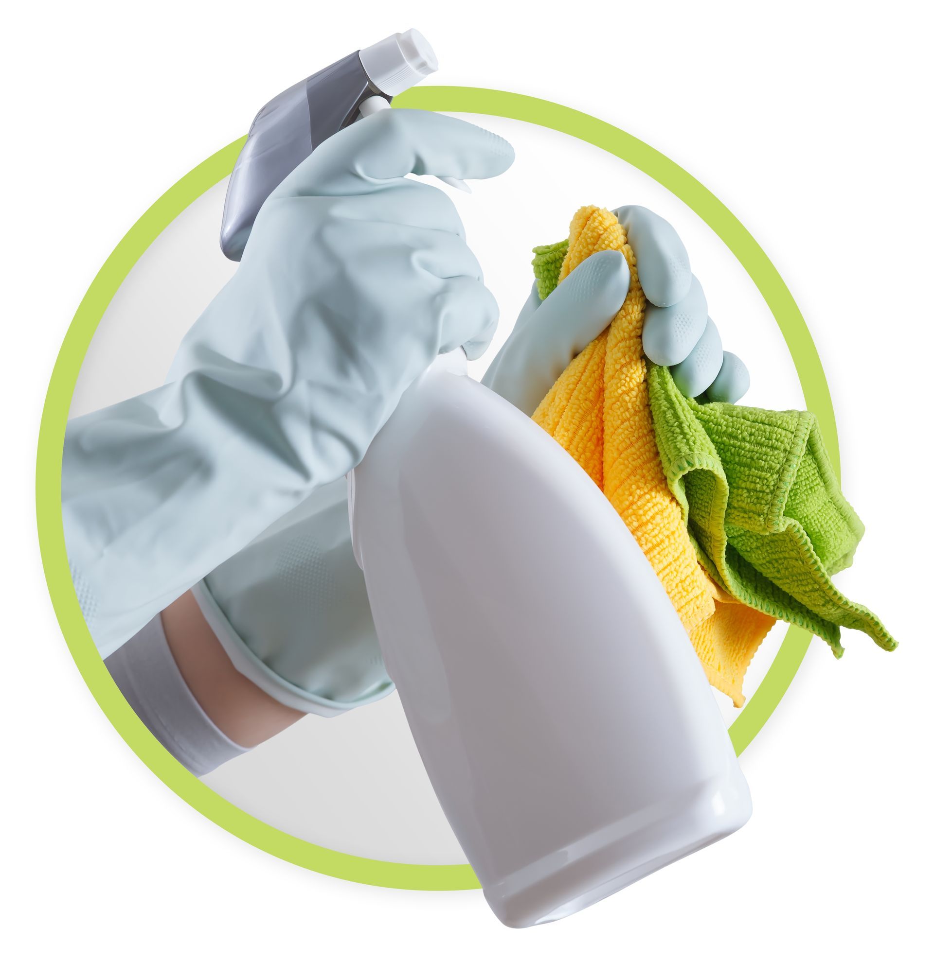 Gloved hand spraying cleaner onto a white bottle, with green and yellow cleaning cloths