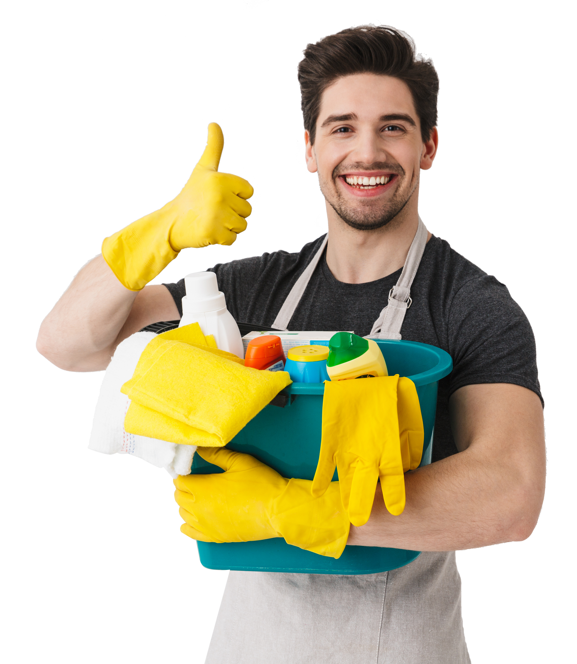 Smiling person in yellow gloves holding cleaning supplies and giving a thumbs-up