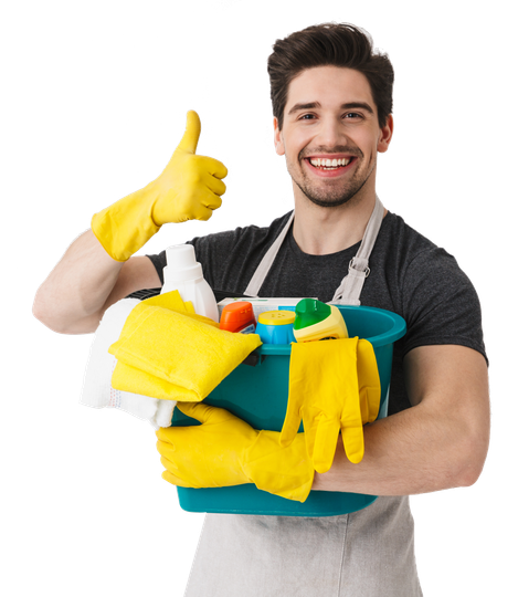 Smiling cleaner holding a bucket of cleaning supplies, wearing yellow gloves and giving a thumbs up