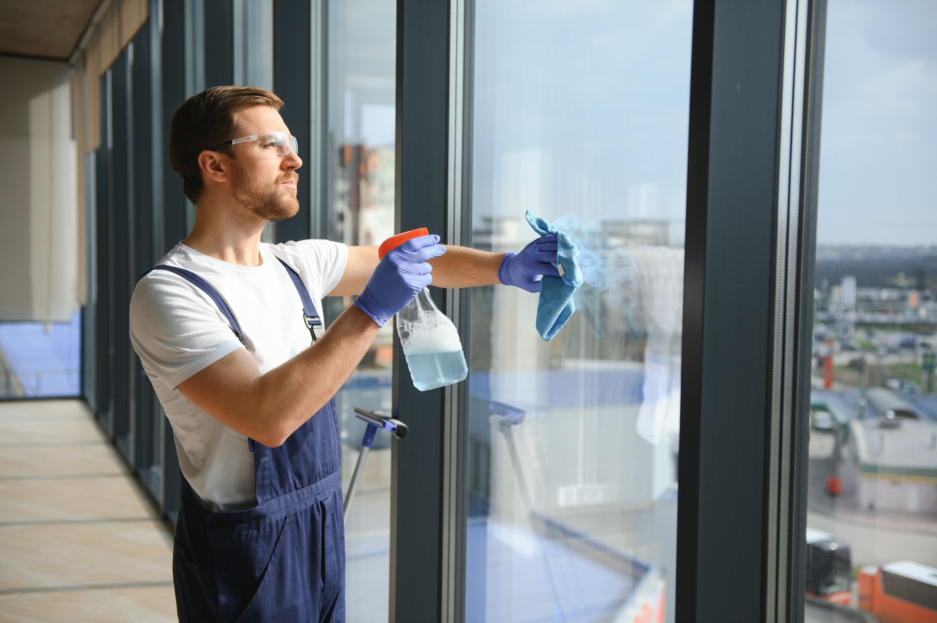 Man cleaning large windows with a spray bottle and cloth in a bright office hallway