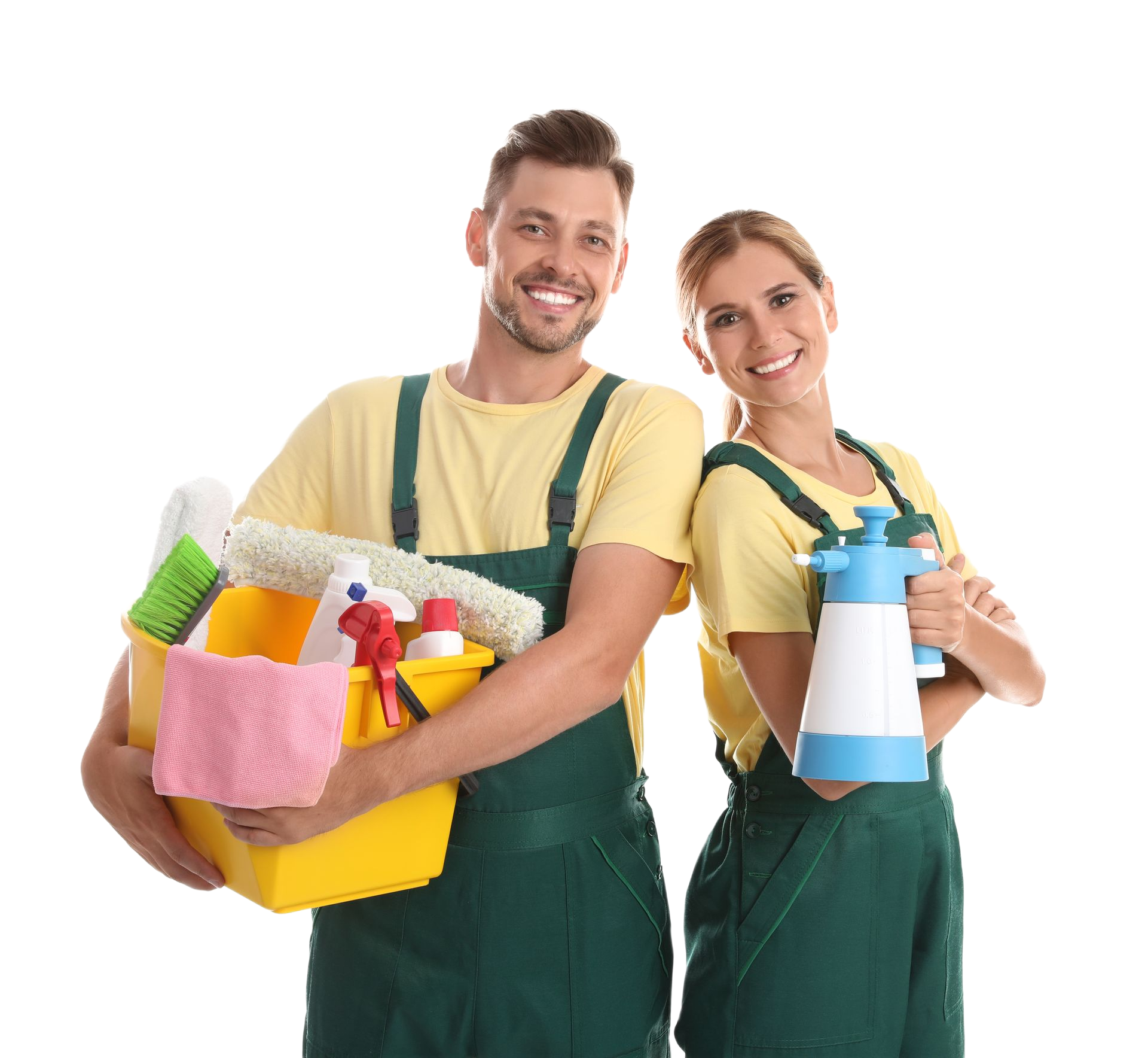 Two cleaners in green overalls holding cleaning supplies on a white background