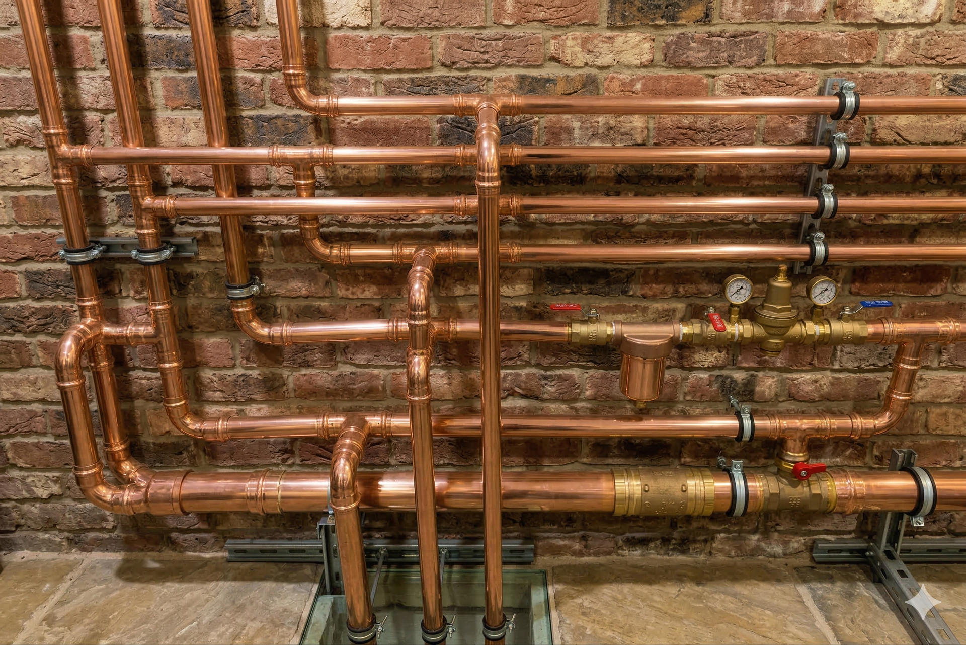 A complex array of polished copper pipes mounted on a brick wall, featuring valves, pressure gauges, and metal supports.
