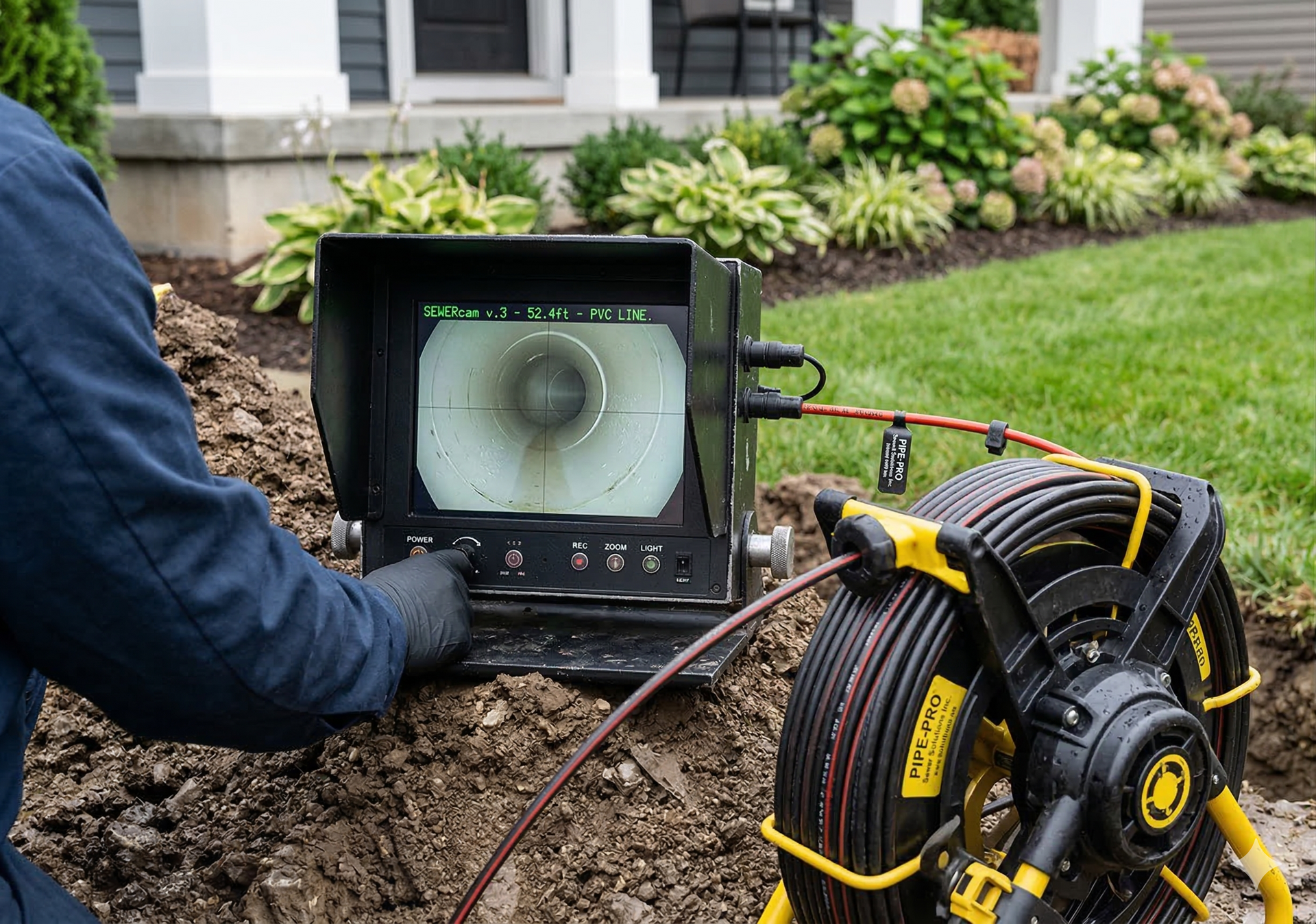 A professional uses a sewer inspection camera to view an underground pipe on a monitor, outdoors near a house.