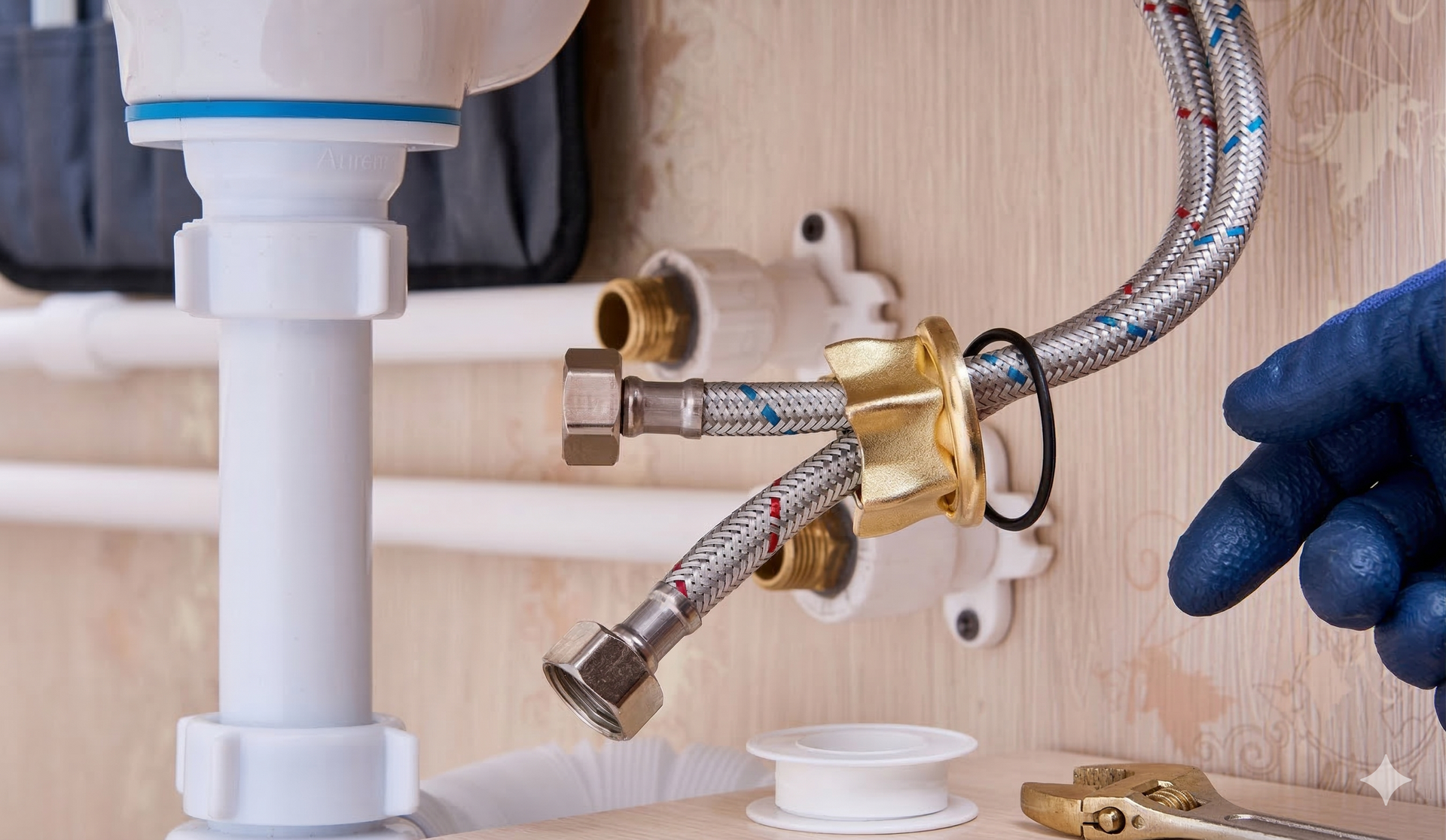 A person wearing blue gloves prepares to attach braided metal water supply hoses to wall-mounted valves under a sink.