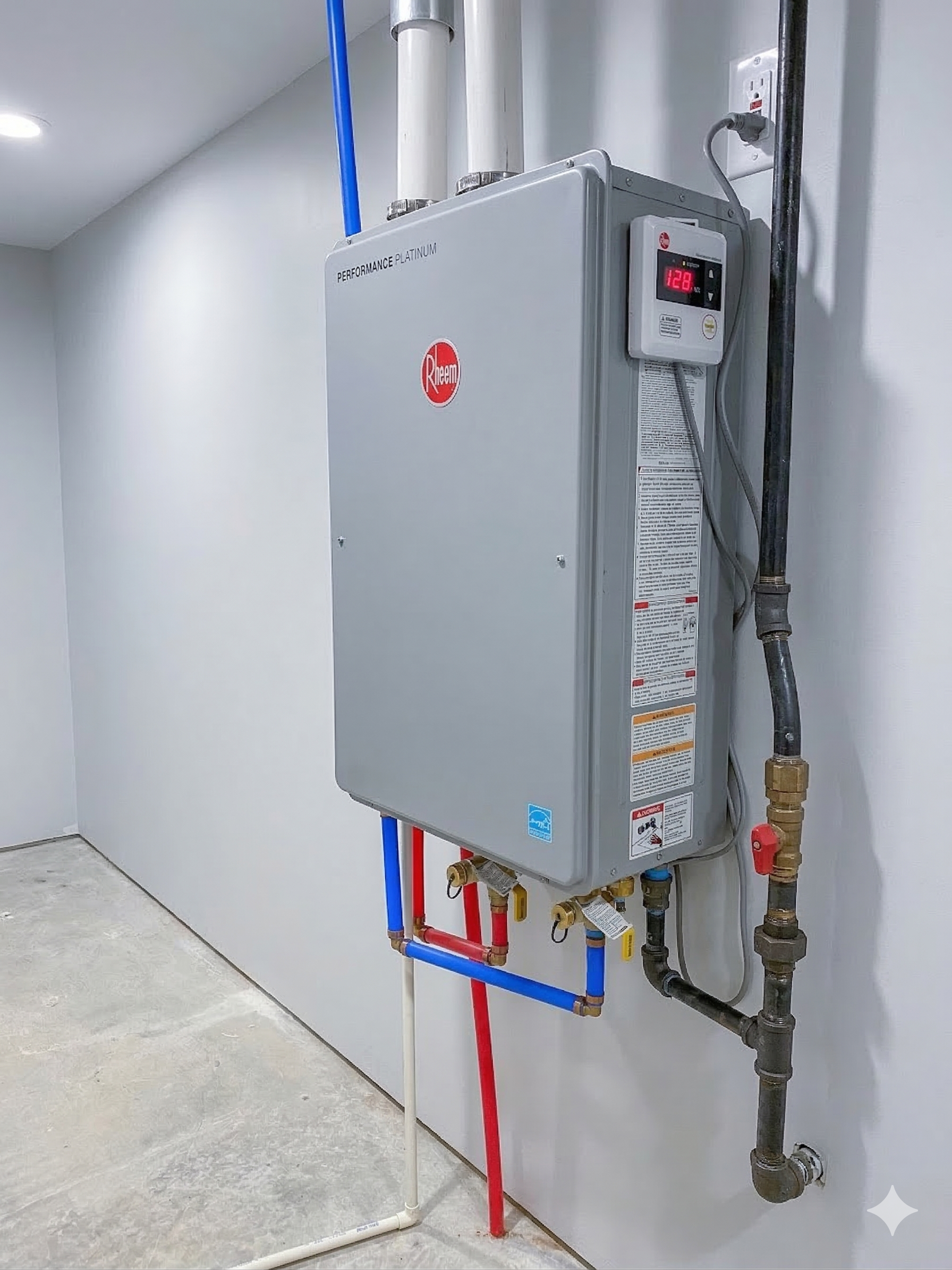 A grey Rheem tankless water heater mounted on a white wall, featuring red and blue water pipes and a black gas supply line.