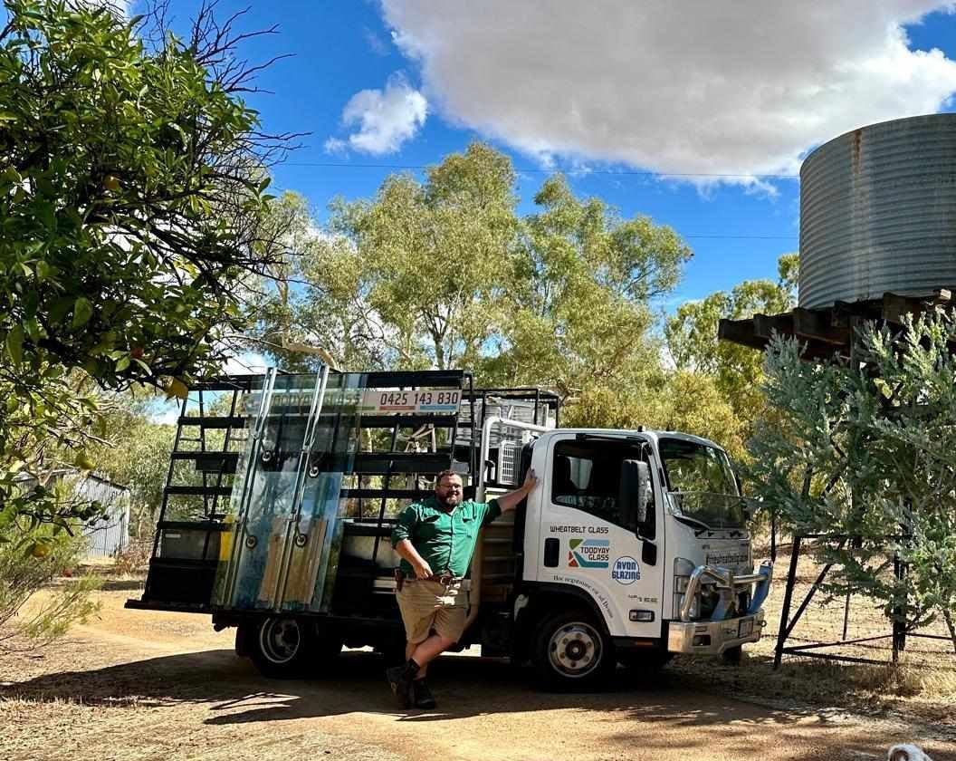 The Toodyay Glass mobile service truck fully equipped for glass repairs on a rural property.