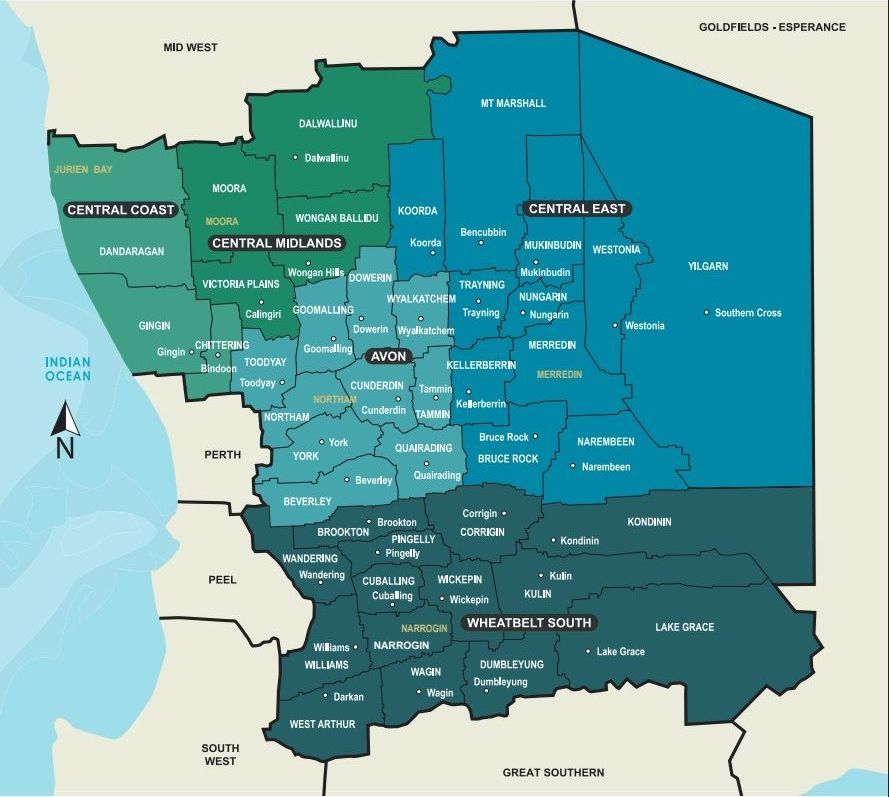Map of the Wheatbelt region highlighting Toodyay Glass service areas including Northam, York, and Mundaring.
