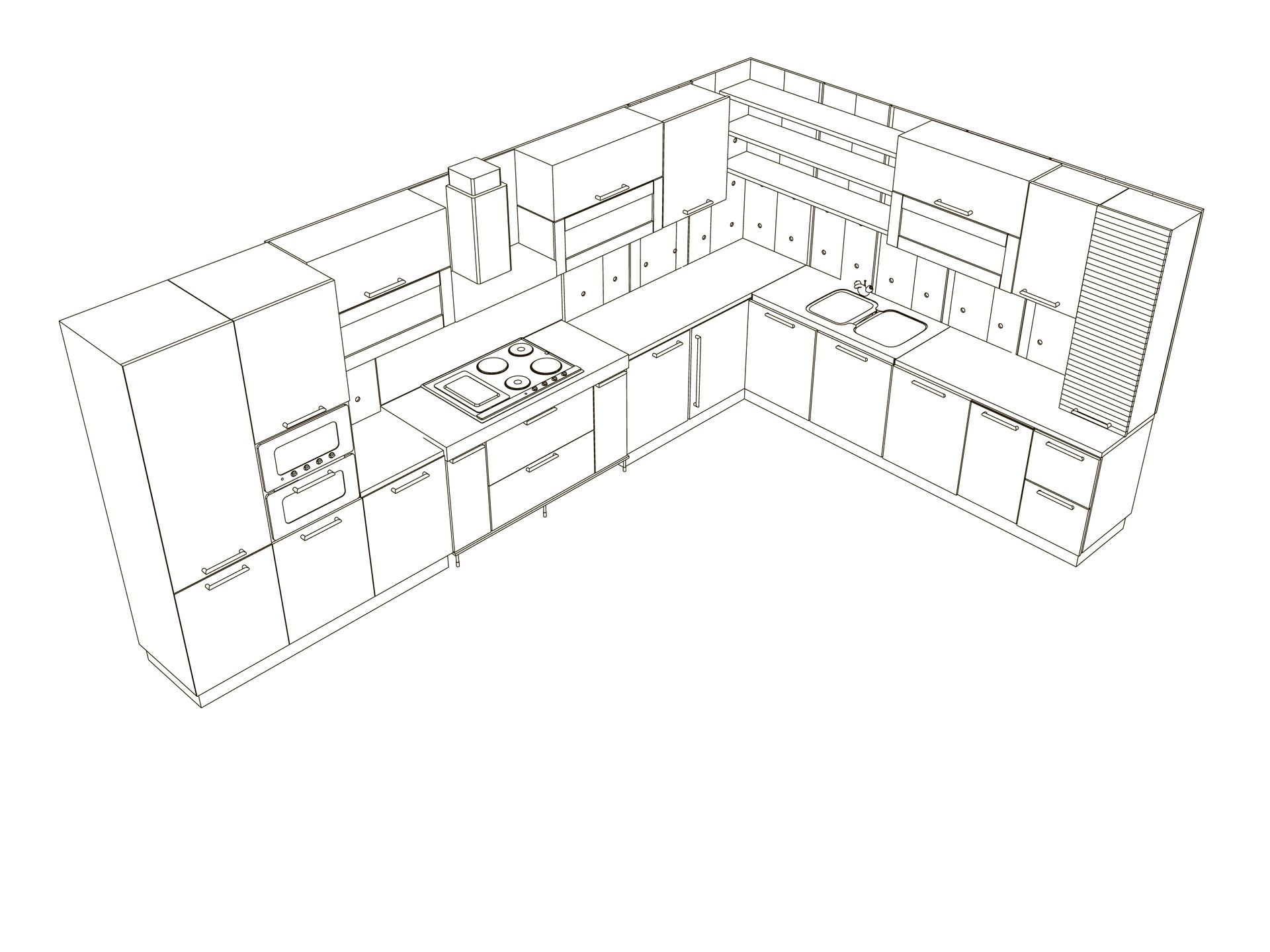 Line Drawing of a Modern L-shaped Kitchen — Mid North Coast Drafting & Construction in Harrington, NSW