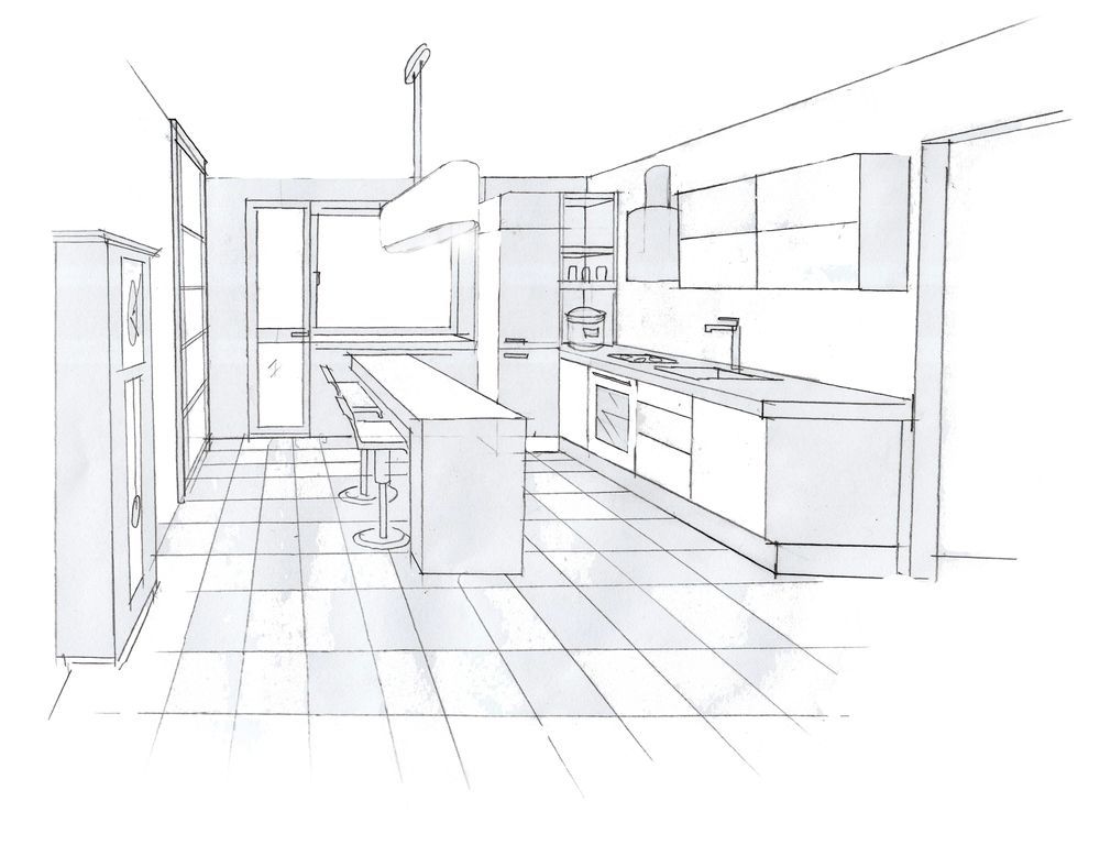 Sketch of a modern kitchen with island, cabinets, appliances, and a window — Mid North Coast Drafting & Construction in Taree, NSW