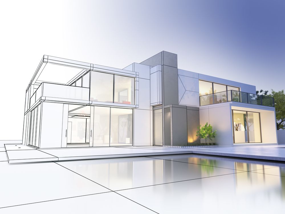 Modern house rendering, partially sketched. Features large windows, concrete, and water reflection — Mid North Coast Drafting & Construction in Taree, NSW