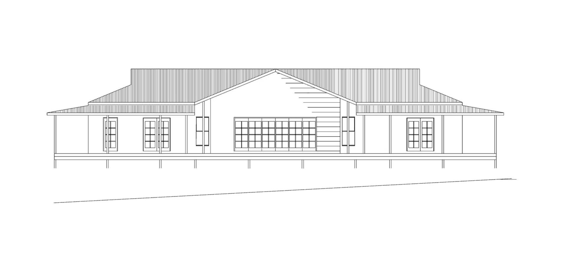 Architectural drawing of a building with a gabled roof and large glass doors — Mid North Coast Drafting & Construction in Taree, NSW