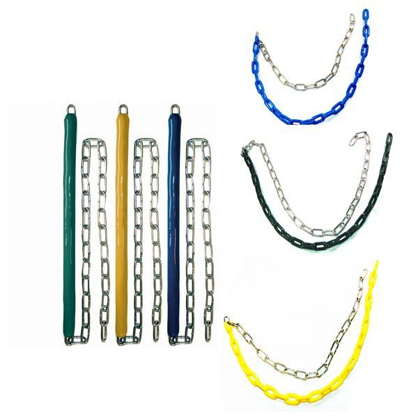 A bunch of different colored chains on a white background