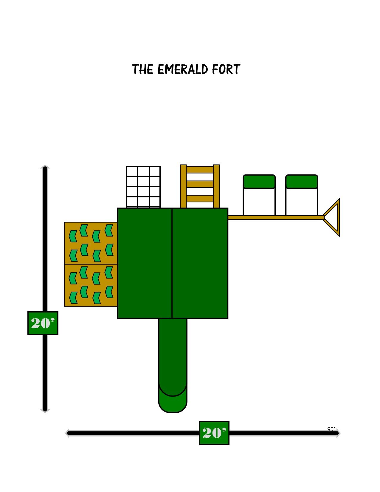 A drawing of a playground with measurements of the emerald fort.