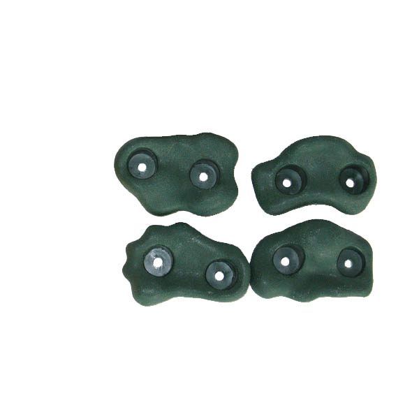 Four green rocks with holes in them on a white background
