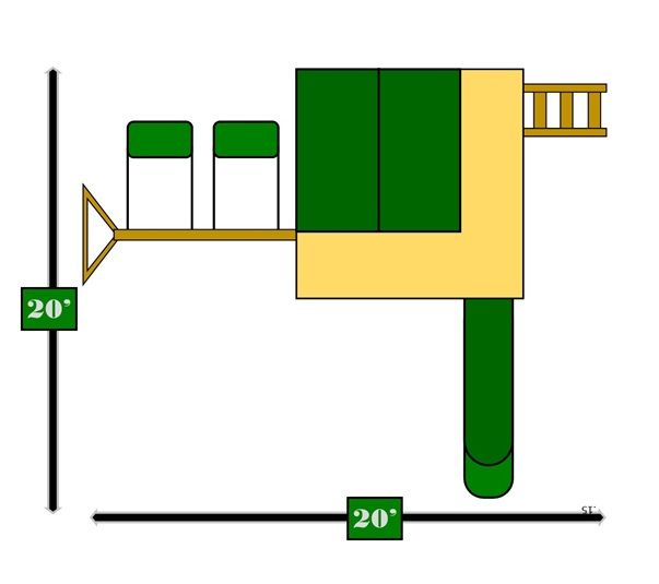 A drawing of a playground with measurements on a white background.