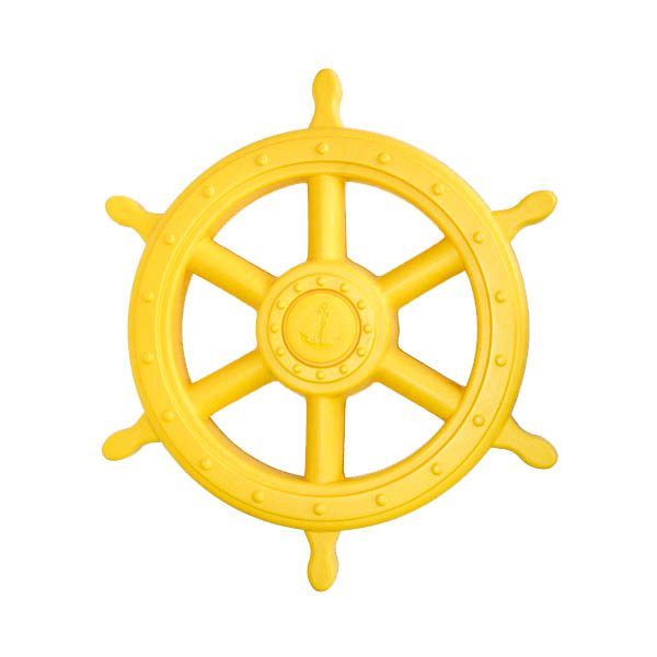 A yellow steering wheel with an anchor in the center