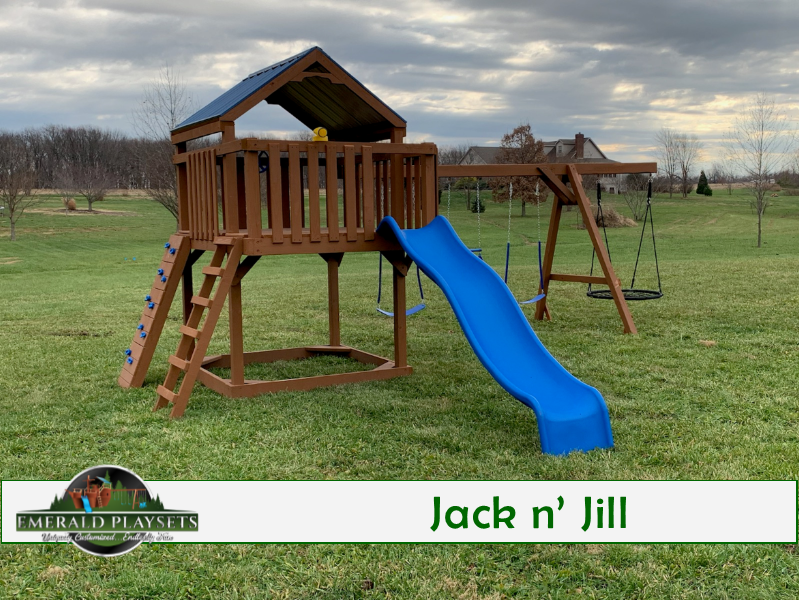 A wooden playground with a blue slide and swings called jack n ' jill