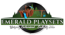 The logo for emerald playsets shows a playground with a slide and swings.