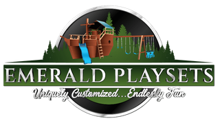 The logo for emerald playsets shows a playground with a slide and swings.