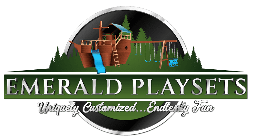 The logo for emerald playsets shows a playground with a slide and swings.