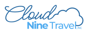 Logo for Cloud Nine Travel, Inc. features script "Cloud" above "Nine Travel" in sans-serif, with a cloud graphic.