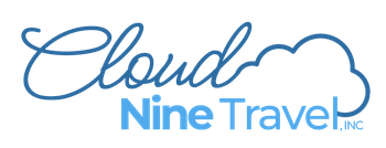 Logo for Cloud Nine Travel, Inc. features script "Cloud" above "Nine Travel" in sans-serif, with a cloud graphic.