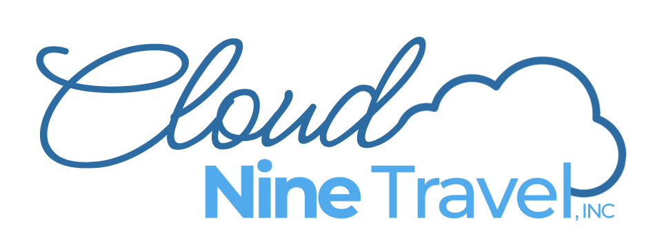 Logo for Cloud Nine Travel, Inc. features script "Cloud" above "Nine Travel" in sans-serif, with a cloud graphic.