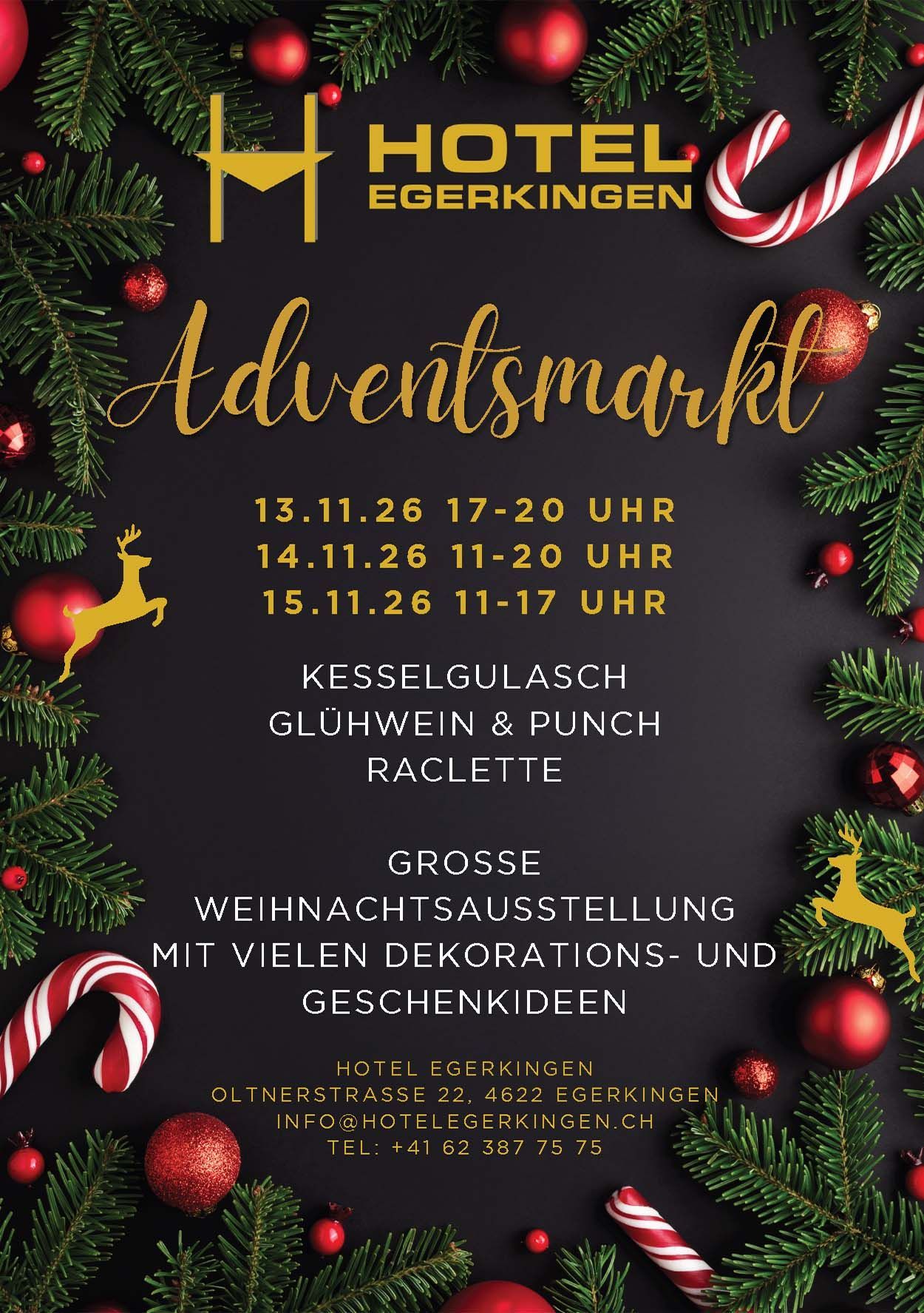 Weihnachtsmarktplakat für das Hotel Egerkingen: Termine, Uhrzeiten, Speisen werden mit festlicher Dekoration beworben.