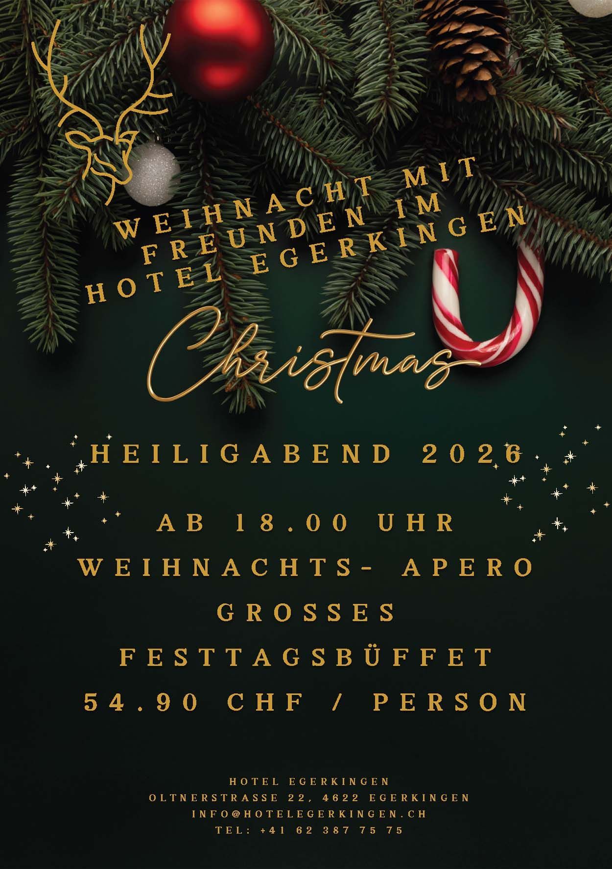 Weihnachtsanzeige: Festliches Buffet im Hotel Egerkingen am Heiligabend. Mit Weihnachtsdekoration, Text und Preisangabe.
