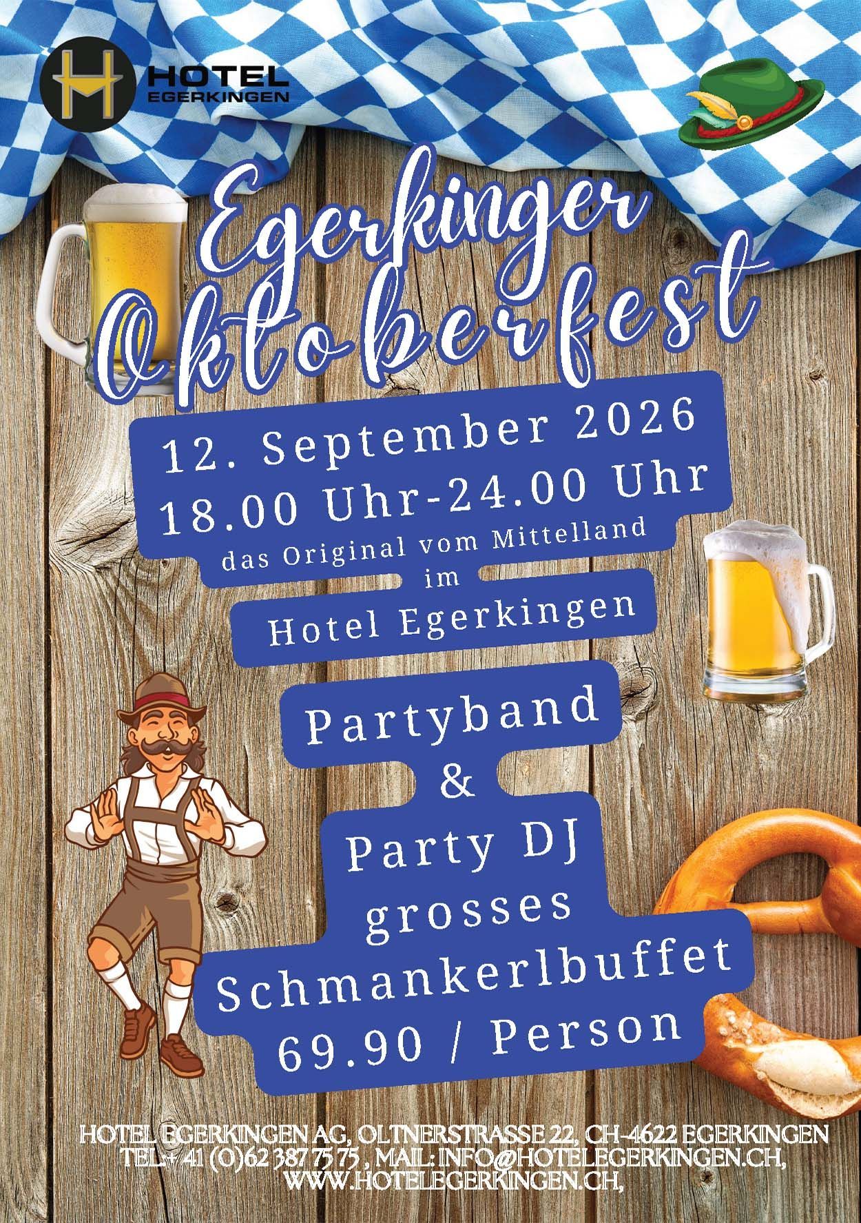Oktoberfest-Veranstaltungsplakat: zeigt Bierkrüge, eine Brezel, eine Comicfigur und den Hinweis, dass die Veranstaltung am 12. September 2026 im Hotel Egerkingen stattfindet.