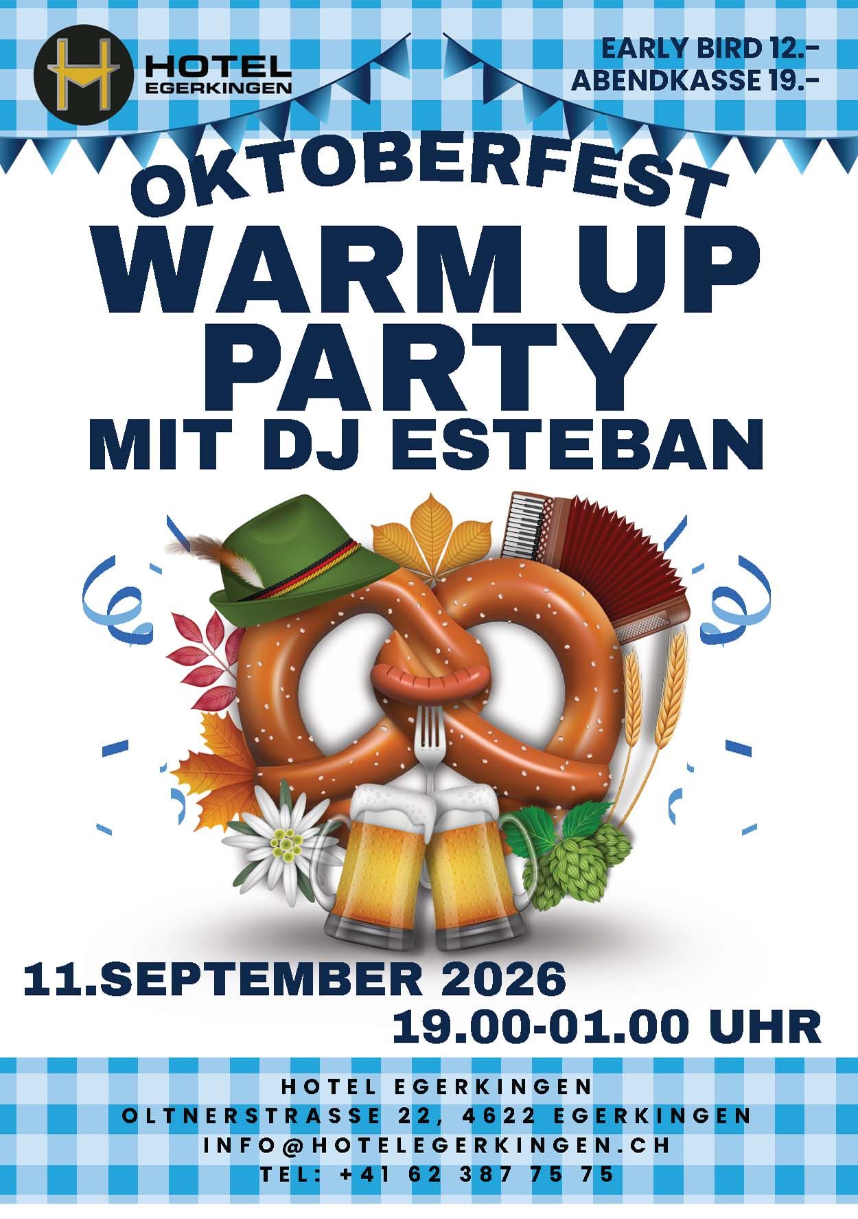 Plakat zur Oktoberfest-Aufwärmparty. Datum: 11. September 2026, mit DJ Esteban. Mit Brezeln, Bier und traditionellen Elementen.